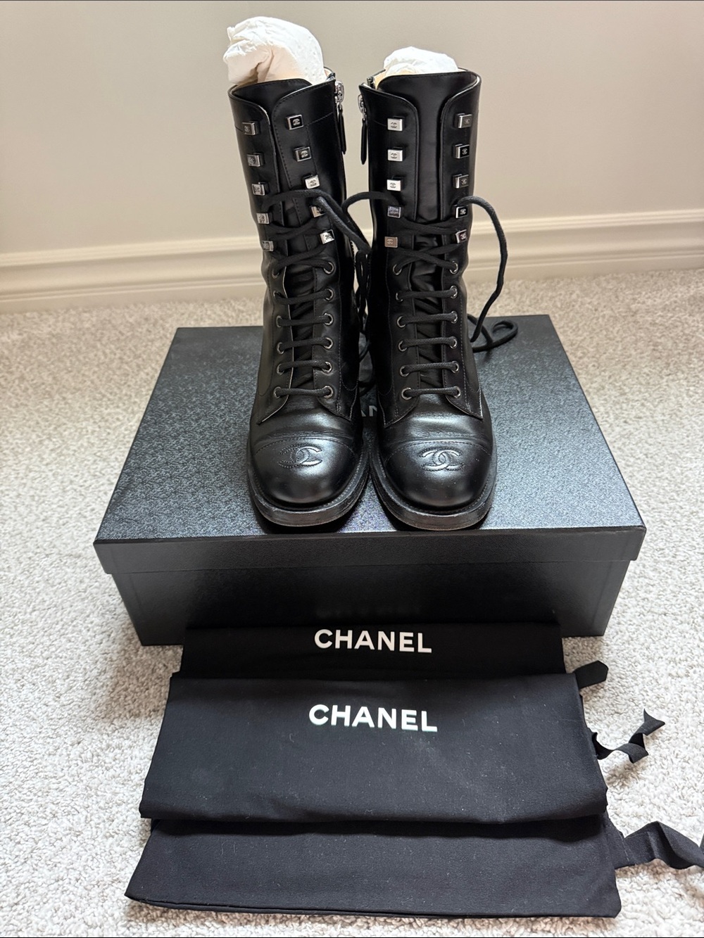 Chanel 19A Black Leather Lace Up Combat Boots 38.5